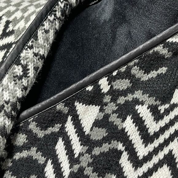 Textured Woven Cardigan Front Sweater W/Leather Sleeve and Trim Small - Picture 8 of 16